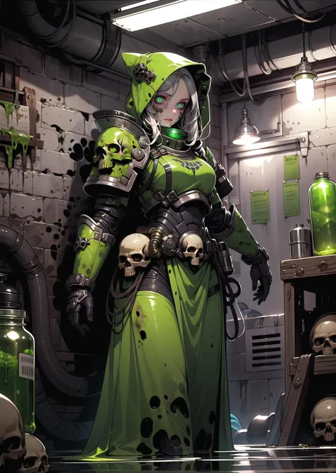 (1girl) (digital) (in detailed sewer, (power armor, armor, skull, tube, shaded eyes, slime, canister, hood up, glowing eyes, green eyes, dirty grimy rotting, toxic gas)) , best quality, <lora:boldline:0.2> <lora:hairdetailer:0.2> plaguemarine <lora:plaguemarine:1>
