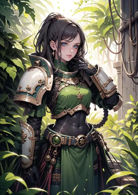 (1girl) (digital) (in detailed jungle, (armor)) , best quality, <lora:boldline:0.2> <lora:hairdetailer:0.2> plaguemarine <lora:plaguemarine:1>