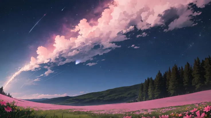 comet fall, blue comet trails, night sky, clear sky, pink flower meadow, light from comets, beauty, horizon, landscape, ultra detailed, blue, black, light, pink, green, grass