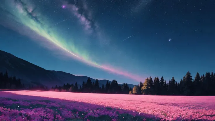 comet fall, blue comet trails, night sky, clear sky, pink flower meadow, light from comets, beauty, horizon, landscape, ultra detailed, blue, black, light, pink, green, grass