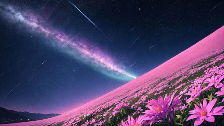 comet fall, blue comet trails, night sky, clear sky, pink flower meadow, light from comets, beauty, horizon, landscape, ultra detailed, blue, black, light, pink