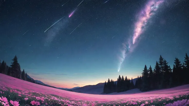 comet fall, blue comet trails, night sky, clear sky, pink flower meadow, light from comets, beauty, horizon, landscape, ultra detailed, blue, black, light, pink, green, grass