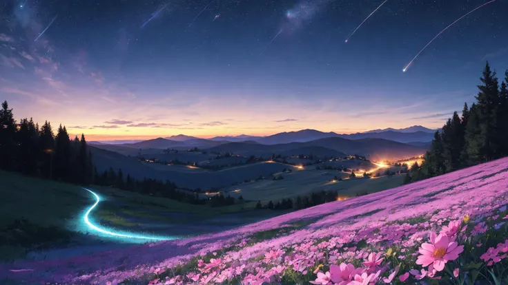 comet fall, blue comet trails, night sky, clear sky, pink flower meadow, light from comets, beauty, horizon, landscape, ultra detailed, blue, black, light, pink