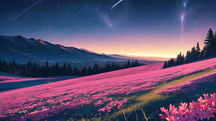 comet fall, blue comet trails, night sky, clear sky, pink flower meadow, light from comets, beauty, horizon, landscape, ultra detailed, blue, black, light, pink