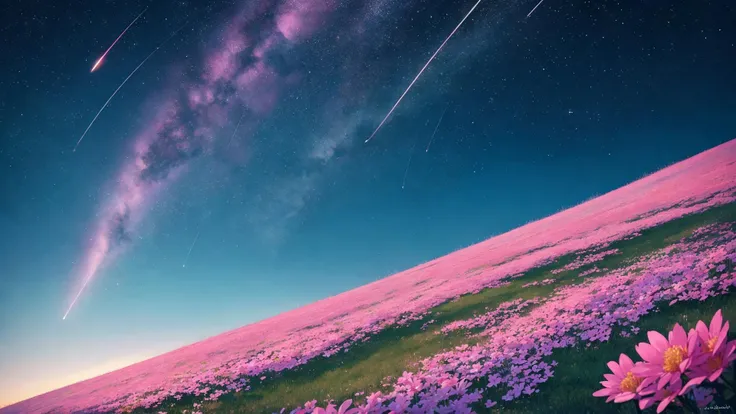 comet fall, blue comet trails, night sky, clear sky, pink flower meadow, light from comets, beauty, horizon, landscape, ultra detailed, blue, black, light, pink, green, grass