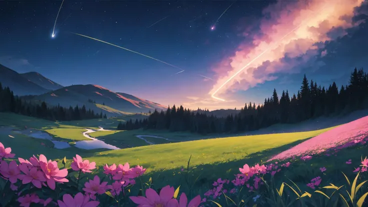 comet fall, blue comet trails, night sky, clear sky, pink flower meadow, light from comets, beauty, horizon, landscape, ultra detailed, blue, black, light, pink, green, grass
