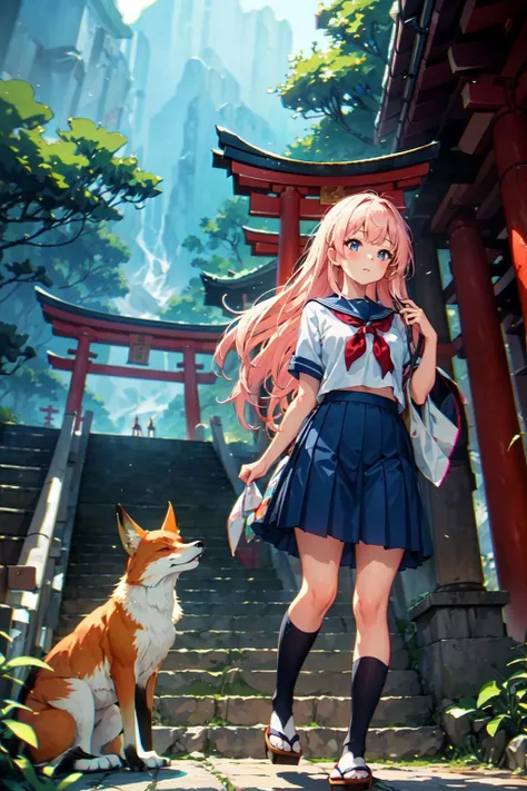 (masterpiece, best quality, chromatic aberration), 
1girl stay near a fox,school uniform, blue skirt, stairs, japanese temple, moutain, forest, Torii, (fox \(creature):1.2, close a girl),