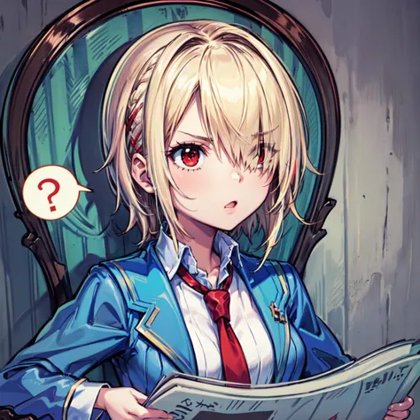 masterpiece,best quality,1girl,(solo),ruka,kayamori ruka,platinum blonde hair,short hair,messy hair,(hair clip),(hair over one eye),red eyes,medium breasts,blue blazer,white shirt,red necktie,TomReadingTheNewspaper,(((spoken question mark))),<lora:Concept-control tool-add_detail-CyberAIchemist:0.7>,<lora:rukakayamori-hbr-richy-v1>,<lora:TomReadingTheNewspaper:0.9>,