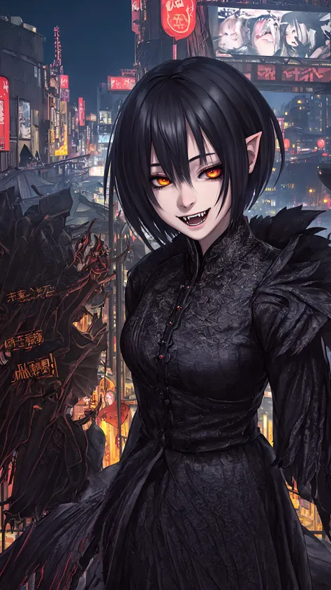 realistic,photography,photorealistic,detailed,highly detailed,ultradetailed,dynamic, monster girl,fangs, short hair,{dark|dyed hair}, detailed urban background,tokio,night,background in focus