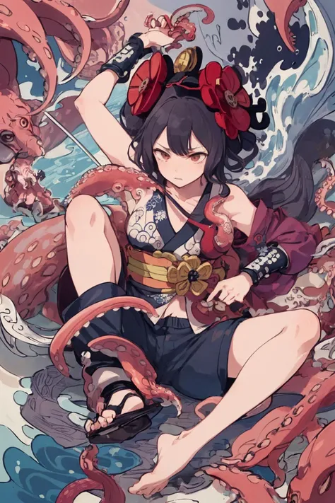 (drawing by hokusai:1.4),
(swordswoman fighting with giant octopus, her limbs are arrested by octopus legs, she was naughty pranked:1.4),
(kimono:1.2), shorts, angry, shyly, humiliated pose, spread out her limbs, black hair,
full body,
masterpiece, best quality, extremely detailed, vivid colorful image,
crisp image, sharp image, clear image, vivid image, noiseless image,
finely detailed body, finely detailed hair, finely detailed face, finely detailed eyes,
finely detailed background,