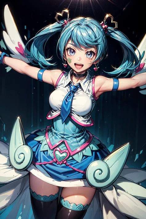 masterpiece,best quality,yu-gi-oh!,1girl,ba1,blue hair,twintails,heart hair ornament,four-leaf clover_facial_tattoo,jewelry,necktie,blue necktie,choker,skirt,sleeveless,shirt,wrist cuffs,dress,blue skirt,skirt_ornament,black thighhighs,wings,smile,open mouth,dynamic pose,spread arms,heart,(light particles,light rays,spotlight),(virtual reality,multicolored background),cowboy shot,dutch angle,<lora:Concept-control tool-add_detail-CyberAIchemist:0.9>,<lora:blue_angel_v1:0.7>,