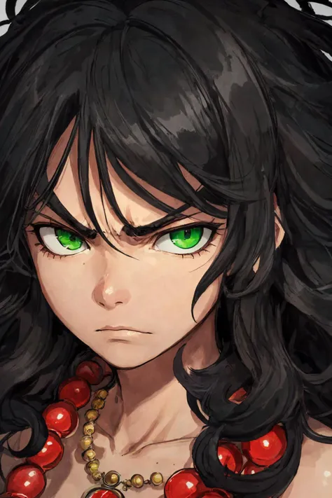 close-up photo portrait of a 40 yo samoan woman, black long curly hair, green eyes, angry face expression, necklace, simple background