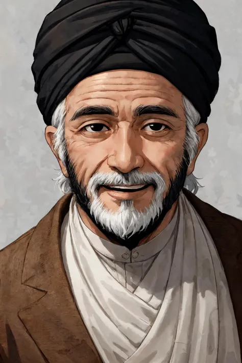 close-up photo portrait of a 60 yo aged Arab man, short grey hair, beard, black eyes, joyful face expression, turban, simple background