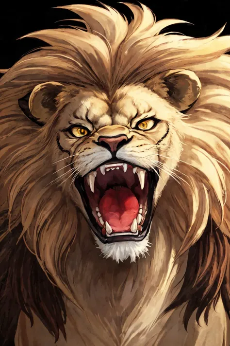 close-up photo portrait of a great lion, yellow eyes, very long lion's mane, roaring, open mouth, fangs, animal, no humans, simple background