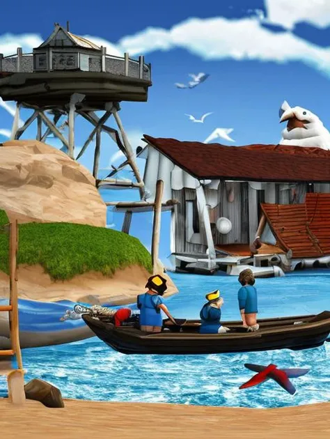 (old cartoon illustration) of an old abandoned boat on the beach and surrounded by seagulls and starfish, storm and clouds rubber_hose_character, trsldamrl style
