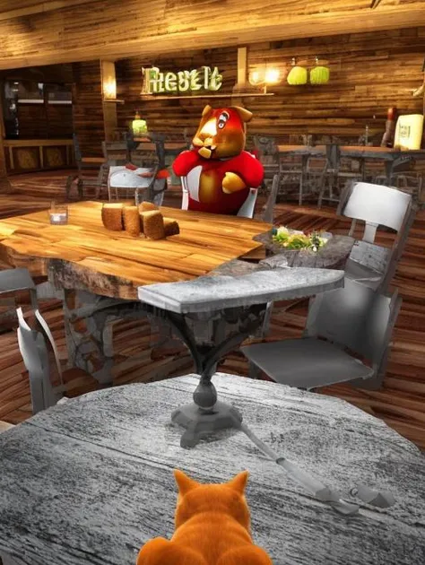 red angry cat at table, yellow eyes, paws on (wooden table), lunch in pub, baked chiken on the plate, ((RESERVED sign)), looking at viewer, close up, professional light, mystical dense fog, epic scene, haunting mist,, trsldamrl style