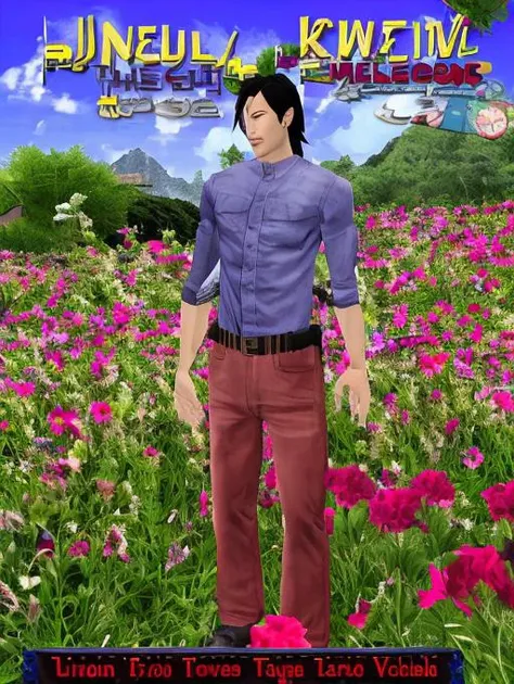 keanu reeves standing in a medow full of beautiful flowers, trsldamrl style