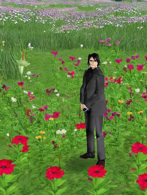 keanu reeves standing in a medow full of beautiful flowers, trsldamrl style