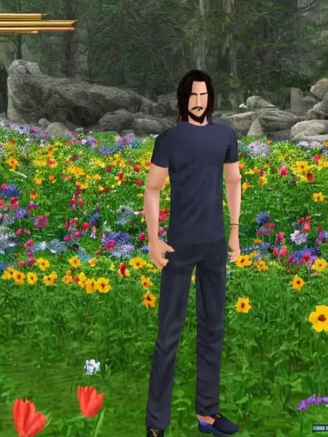 keanu reeves standing in a medow full of beautiful flowers, trsldamrl style