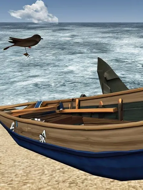 (old cartoon illustration) of an old abandoned boat on the beach and surrounded by seagulls and starfish, storm and clouds rubber_hose_character,, trsldamrl style