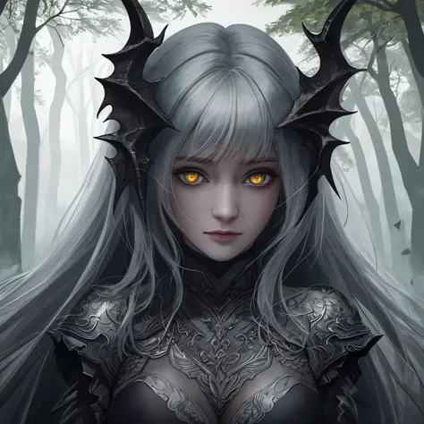 detailed, realistic, dimly glowing eyes, hidden threat, a dragon in the woods, gloom