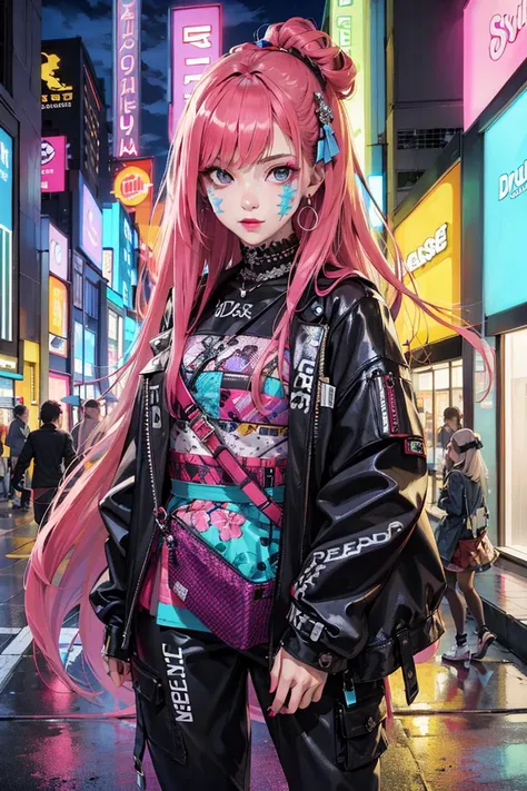 masterpiece, best quality,
1girl, looking at viewer, 
Confident girl with slightly sassy expression, Harajuku-inspired pop outfit, bold colors and patterns, eye-catching accessories, trendy and innovative hairstyle, vibrant makeup, futuristic and orderly dazzling cityscape, skyscrapers, neon signs, LED lights, bright and vivid color scheme,
anime, illustration,
 detailed skin texture, detailed cloth texture,  beautiful detailed face, intricate details, ultra detailed,