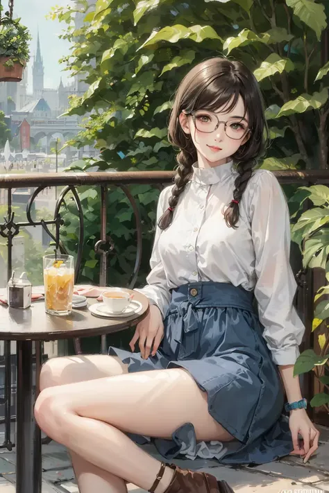 masterpiece, best quality,
1girl, looking at viewer, 
Reserved class president girl, gentle smile, relaxed posture, braided pigtails, glasses, casual and conservative outfit with tasteful details, accessories, shoes, bags, leisurely setting such as a park, cafe, or shopping mall, soft pastel colors and natural tones, background scenery with plants and animals, relaxed atmosphere,
anime, illustration,  
 detailed skin texture, detailed cloth texture,  beautiful detailed face, intricate details, ultra detailed, 
 <lora:hipoly3DModelLora_v20:0.4:NCNF>