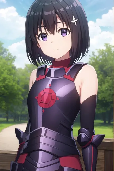 bofuriMaple, Maple, short hair, bangs, Black Hair, hair ornaments, (Purple eyes:1.1), Ahoge, Bobcut, smile,
break thighhighs, gloves, Bare shoulders, boots, black gloves, elbow gloves, armor, Red knee socks, black armor,
break outdoors, forest, nature, null, sun, cloud,
break looking at viewer, ,
break masterpiece ,8k unity wallpaper,anime key visual,highest quality, High resolution, (shape:0.8),anime coloring,
highly detailed face, detailed eyes,growing eyes,shiny skin,fine skin,white skin,dense skin,detailed hair,highly detailed legs,
perfect lighting, Detailed CG,
(perfect hands, perfect anatomy),High resolution,
Break slender limbs, delicate curves, dainty hands,figure:0.8,