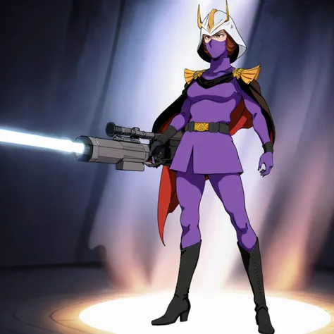 hold a laser rifle and shoot a laser beam,
masterpiece,high quality,solo,
<lora:Kyciliaandm'001:0.7>,
kyciliazabi,1woman,
helmet,v-fin,brown hair,eyelash,black eyes,mask,
military uniform,purple bodysuit,turtleneck,cape,
belt,purple skirt,
boots,
full body,
