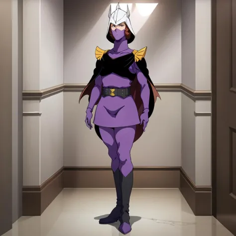 masterpiece,high quality,solo,indoors,
<lora:Kyciliaandm'001:0.7>,looking at viewer,
kyciliazabi,1woman,
helmet,v-fin,brown hair,eyelash,black eyes,mask,
military uniform,purple bodysuit,turtleneck,cape,
belt,purple skirt,
boots,
full body,standing,