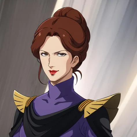 A close up of a woman in a purple outfit with a black cape - SeaArt AI