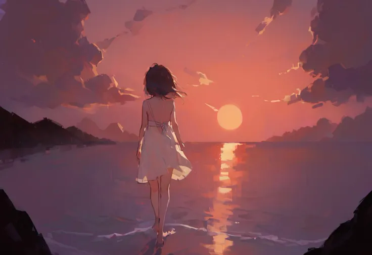 source_anime, score_9, score_8_up,
very wide shot, 1girl, solo, white dress, walking, beach, sunset, evening, whorled clouds, warm lighting, bare legs, barefoot, facing away, from behind,