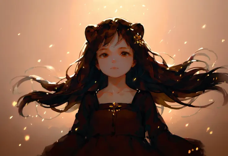 score_9, score_8_up, source_anime,
1girl, solo, dress, long hair, brown dress, lion girl, cute, hair ornament, brown hair, bare shoulders, brown eyes, floating hair, collarbone, closed mouth, blurry, standing, light particles, cinematic, brown theme, chiaroscuro, upper body, looking at viewer,