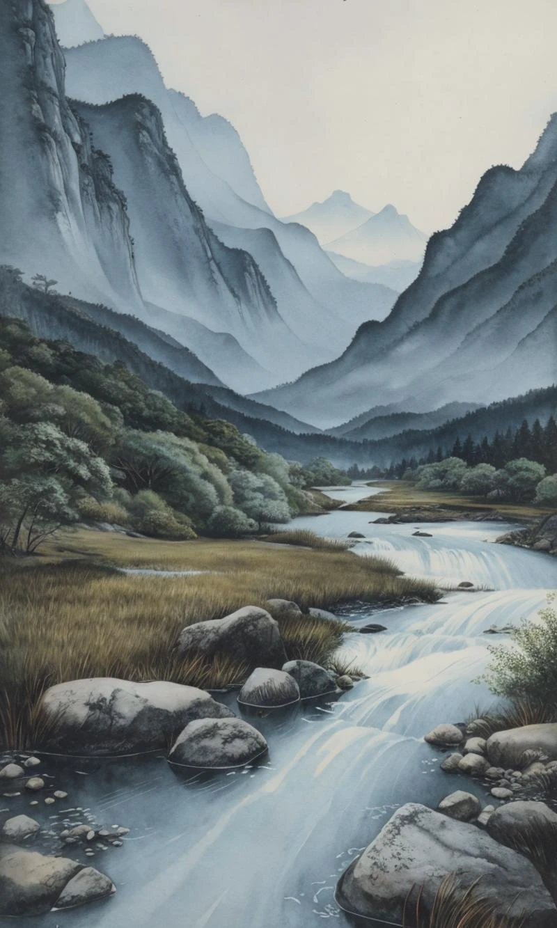 Traditional Chinese watercolor ink painting, Mountains, forest, Rivers,
