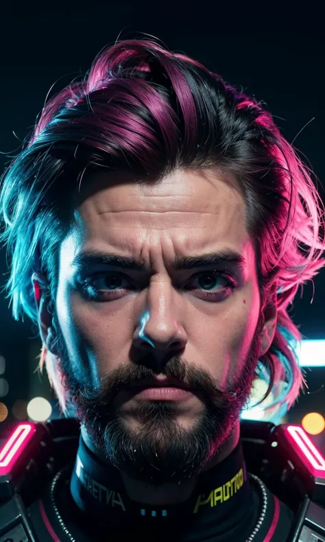 Cinematography perspective, Facial close-up, 80's cyberpunk hack man, Beard, Colorful hair, armor, Neon city background,