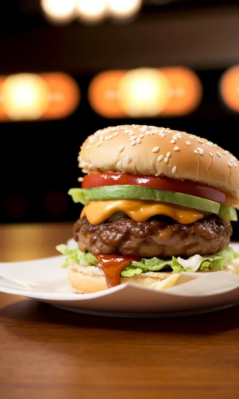 Cinematic camera perspective, delicious and tempting Big Mac close up, restaurant background,