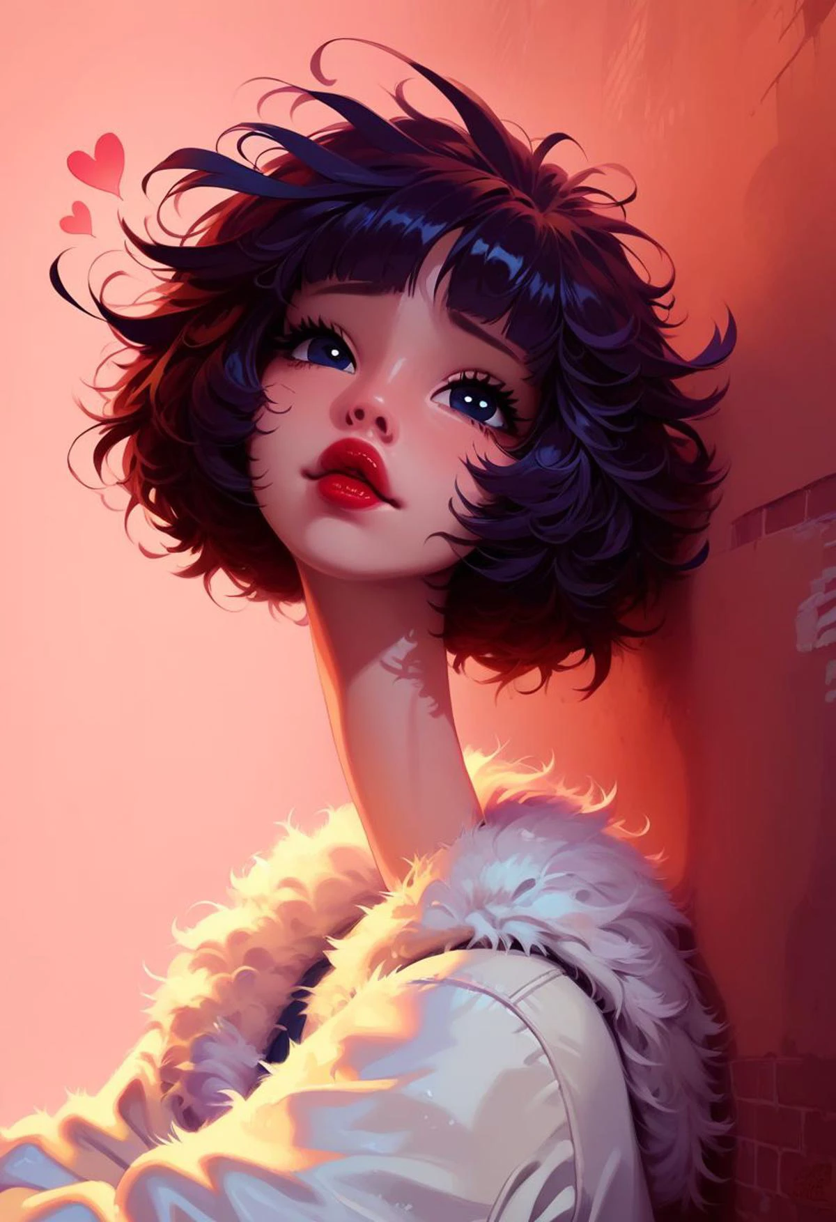 score_9, score_8_up, score_7_up,
a sexy girl in short fur boa, ((short fluffy coat)), ((fur sleeves)), lace high heels, white lace choker,
short black hair, ((messy hair)),
dark alley, bright colors, twillings,
prefect face, cute on face, flirting eyes, worried look on face, small red lipstick, lips parted,
long and slender body, long legs,
semi realistic, floating neon hearts, Expressiveh, D4rC0m, ral-fluff, (elongated:1.2),gl0ss
portrait,
crossed arms, pinup pose, dutch angle, side view,
BREAK
