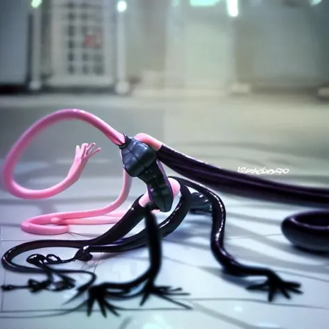 Woman laying on floor, long arms, splayed across floor, yoga pose, wide hips, wavy hair, glossy skin, toned body, long legs, long neck, ultra realistic, photo-realistic, noodle limbs, noodle arms, noodle neck, leotard outfit, tongue out