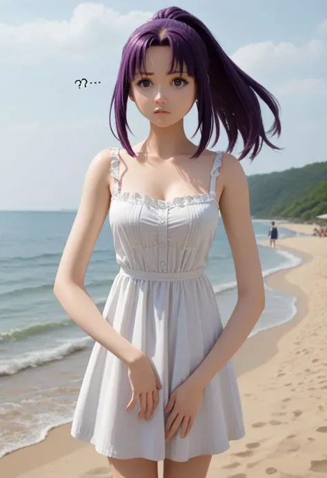 score_9, score_8_up, source_anime, 1girl, fern \(sousou no frieren\), purple hair, ponytail, parted bangs, sundress, beach, looking at viewer, confused, long arms, noodling, tangled