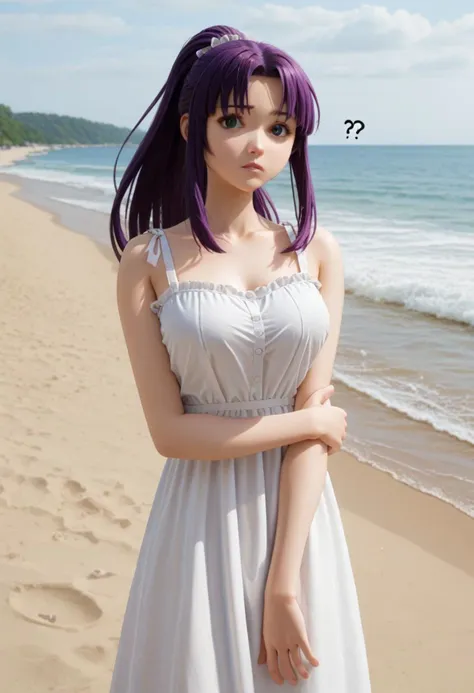 score_9, score_8_up, source_anime, 1girl, fern \(sousou no frieren\), purple hair, ponytail, parted bangs, sundress, beach, looking at viewer, confused, long arms, noodling, tangled