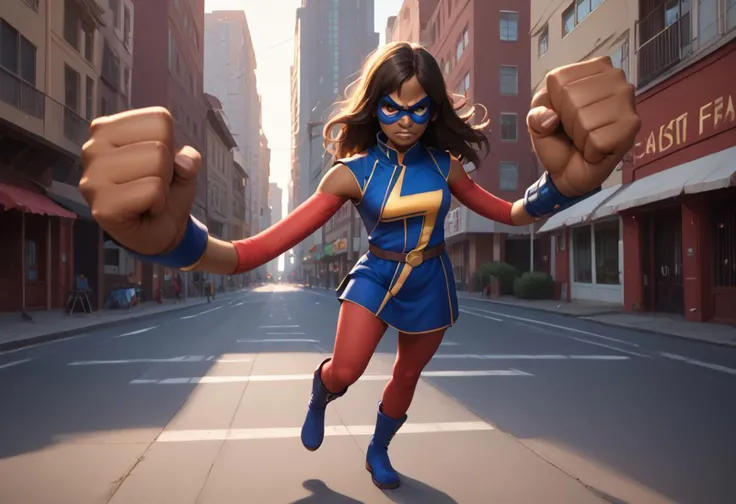 (score_9),score_8_up,score_7_up,detailed background, city street,
1girl, kamalakhan, brown hair, long hair, brown eyes, dark skin, mask,(angry),
blue short dress, red pantyhose, bracers, blue boots
BREAK
fighting stance, reaching towards viewer,
clenched fists, elongated, (long arms:1.1), (big fists:1.2), stretched,shaking fist,transforming
forced perspective,
<lora:PDXL Kamala Khan Miss Marvel:1>
<lora:PDXL elongated:1.2>
