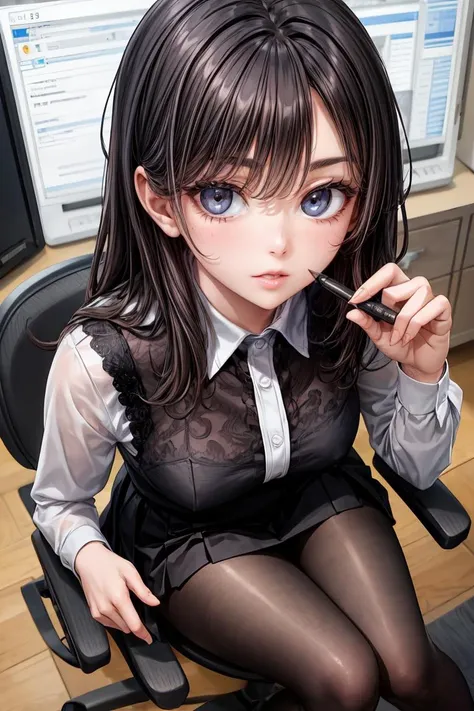 (masterpiece, best quality), a young black haired girl office secretary dressed in a transparent white blouse and black office skirt and black pantyhose ,sitting in an office chair, holding pencil, (detailed skin:1.3),(detailed eyes), (sharp focus), <lora:add_detail:1>