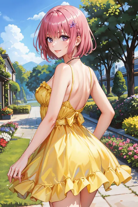 masterpiece, best quality, <lora:tlrmomo-nvwls-v1-000010:0.9> tlrmomo, hair flower, yellow sundress, from behind, garden, blue sky, smile <lora:edgChamYellowSundress:1> edgYSD,woman wearing a yellow sundress