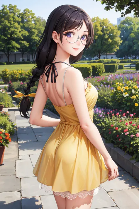 masterpiece, best quality, <lora:hanekawa-nvwls-v1-000008:0.9> defTsubasa, black hair, purple eyes, twin braids, from behind, glasses, yellow sundress, garden, smile <lora:edgChamYellowSundress:0.4> edgYSD,woman wearing a yellow sundress, sklrt hold