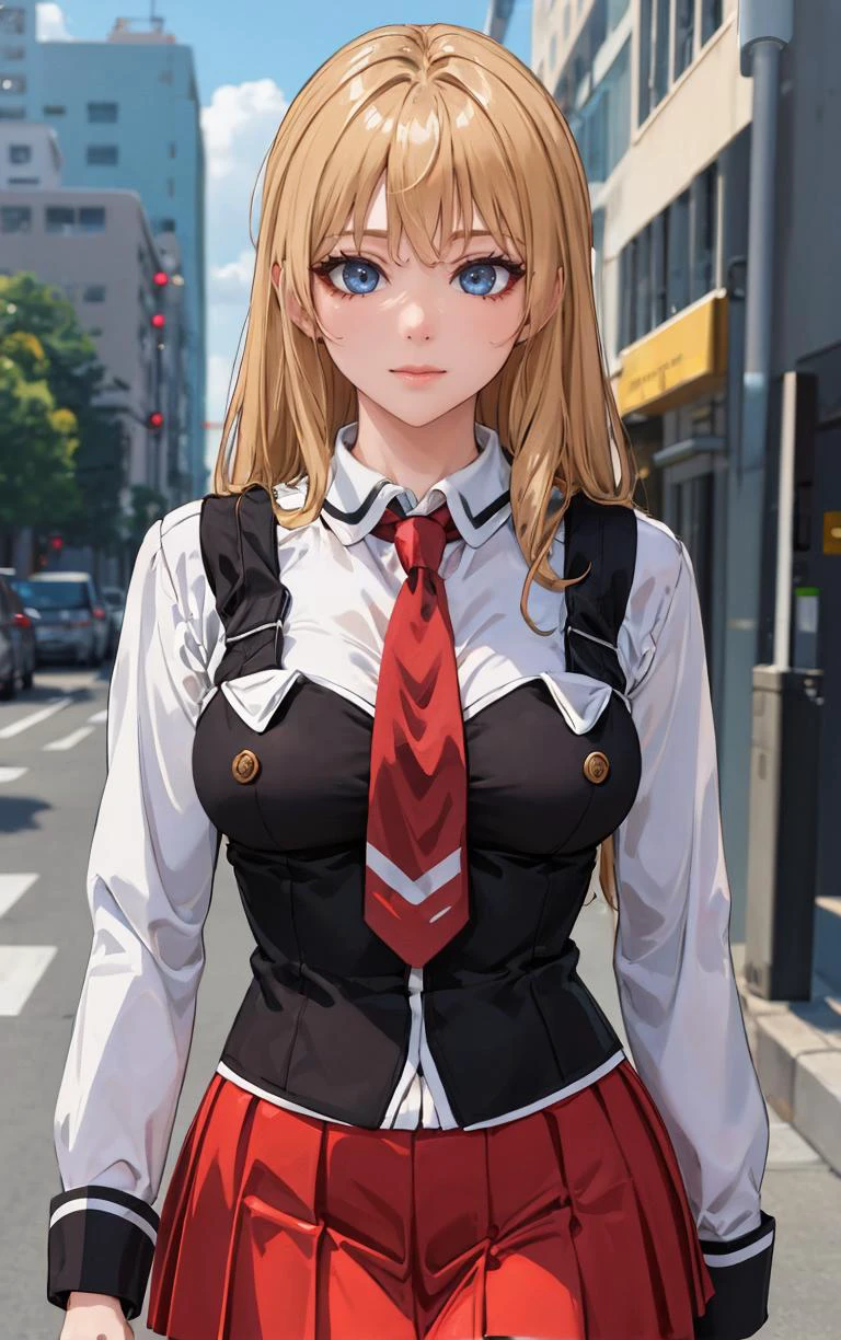 ((masterpiece, best quality)), insaneres, absurdres, solo, outdoors,
CLOTHING_BibleBlack_SchoolDress_ownwaifu,
1girl, blonde hair, long hair, blue eyes,
black vest, red skirt, white shirt, collared shirt, suspenders, school uniform, black thighhighs, zettai ryouiki, necktie, long sleeves, pleated skirt, red necktie,
(portrait, close-up)<lora:CLOTHING_BibleBlack_SchoolDress_ownwaifu:0.8>,
lens flare, depth of field, bokeh, embers, vanishing point, looking at viewer,