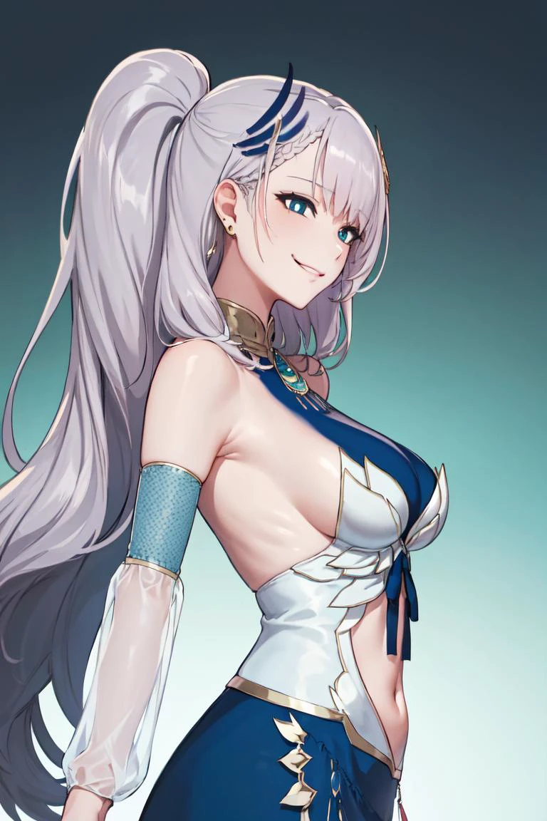 masterpiece, best quality, absurdres, perfect anatomy, ReineBase, bright pupils, long hair, side ponytail, feather hair ornament, blue dress, navel cutout, detached sleeves, earrings, portrait, upper body, from side, sideboob, arm up, smirk, large breasts, <lora:CHAR-PavoliaReineV2:1>