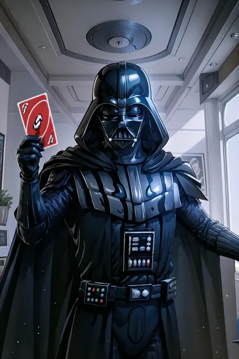 1boy, IncrRvrsCard, holding, card, holding card, arrow \(symbol\), <lora:UnoReverseCard:1.1>, upper body, smirk, playing card, <lora:Pos_PlayingCards:0.5>, indoors, darth vader, Black_outfit,hood, hood_up, darth vader helmet,cape,armor, shoulder armor, <lora:Char_Sigmas_DarthVader:0.7>