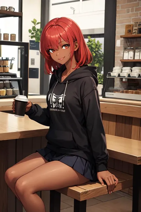 masterpiece, best quality, absurdres, perfect anatomy, 1girl, solo, red hair, dark skin, sitting, coffee shop, hoodie, pleated skirt, smile