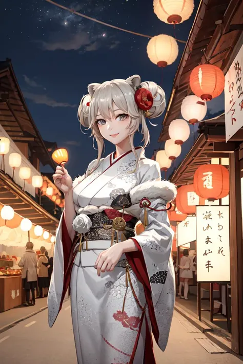 masterpiece, best quality, absurdres, perfect anatomy, 1girl, solo, Botan, BotanKimono, standing, smile, hair ornament, hair flower, double bun, outdoors, night, festival, food stalls, paper lanterns, smile, <lora:BotanLORA:0.8>
