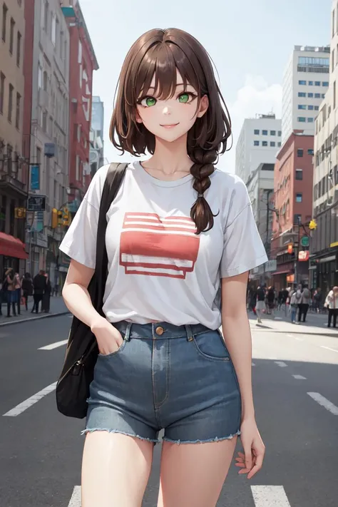 masterpiece, best quality, absurdres, perfect anatomy, 1girl, solo, brown hair, braid, green eyes, t-shirt, denim shorts, standing, outdoors, city, hands in pockets, cowboy shot, smile